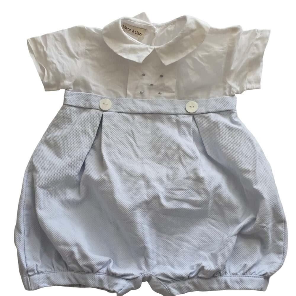 Marco & Lizzy White And Baby Blue Boys Romper Bubble With Collar And Buttons 18M